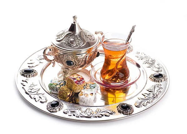 Turkish tea and sweets in decorative ware, candies — Stock Photo, Image