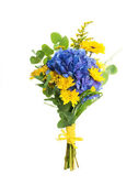 Kytice z hortenzií modré a žluté Astry angliae, květinové pozadí