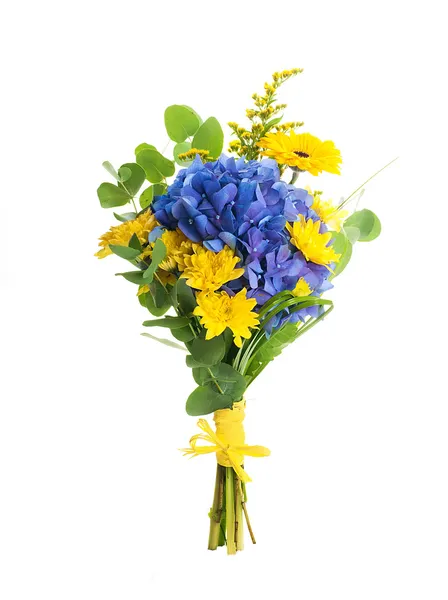 Strauß aus blauen Hortensien und gelben Astern, ein Blumenhintergrund lizenzfreie Stockfotos