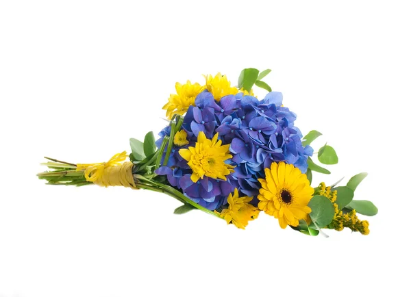 Bukett från blå hortensior och gula astrar, en blomma-bakgrund — Stockfoto