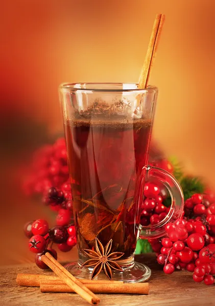 Glühwein van wijn en kaneel, een kerst tak van bessen — Stockfoto