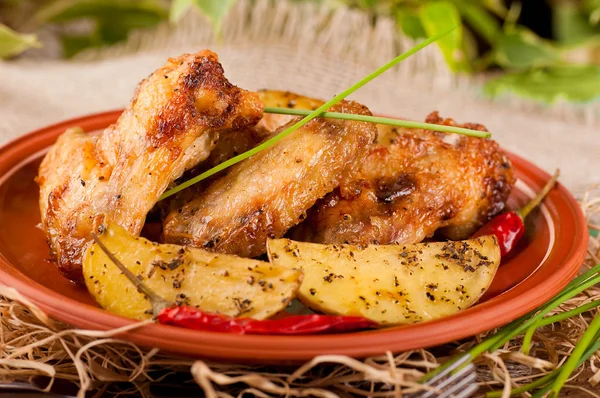 Sült csirke szárny, sült burgonyával — Stock Fotó