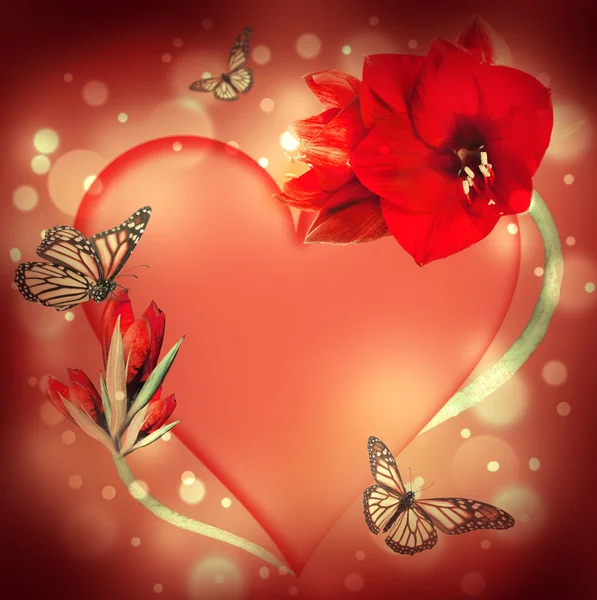 情人节的时候，从兰花和蝴蝶的心 — 图库照片