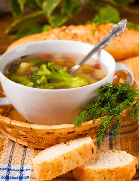 Vegetable broccoli soup and carrots, bread with fennel — Stock Image Vegetable broccoli soup and carrots, bread with fennel Stock Image
