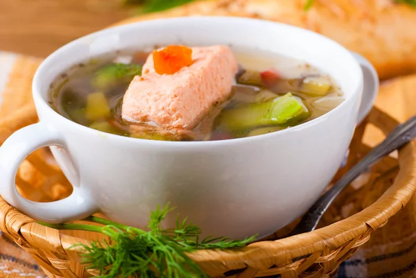 Fish a trout soup and bread with fennel — Stock Photo, Image