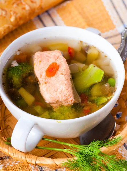 Fish a trout soup and bread with fennel — Stock Photo, Image