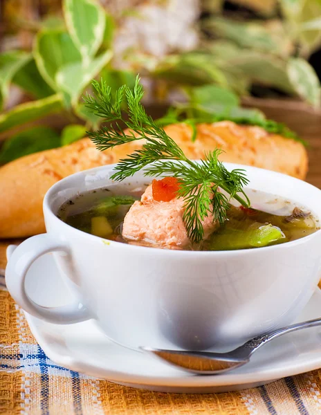 Fish a trout soup and bread with fennel — Stock Photo, Image
