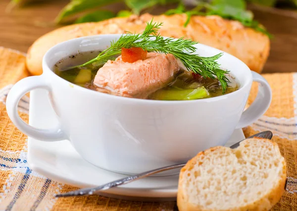 Fish a trout soup and bread with fennel — Stock Photo, Image