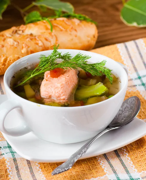 Fish a trout soup and bread with fennel — Stock Photo, Image