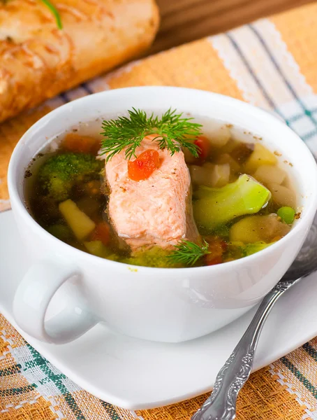 Fish a trout soup and bread with fennel — Stock Photo, Image