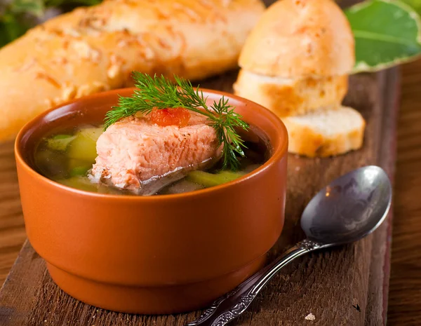 Fish a trout soup and bread with fennel — Stock Photo, Image