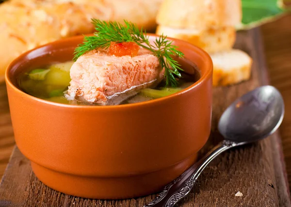 Fish a trout soup and bread with fennel — Stock Photo, Image