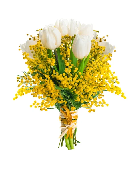 Weiße Tulpen mit einer Mimose, einem Hintergrund aus Blumen — Stockfoto