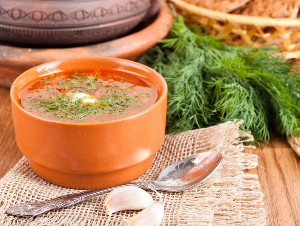 Borsch, soup from a beet and cabbage with tomato sauce. — Stock Photo, Image