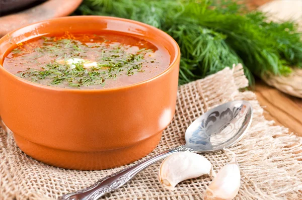 Borsch, soppa från a-betor och kål med tomatsås. — Stockfoto