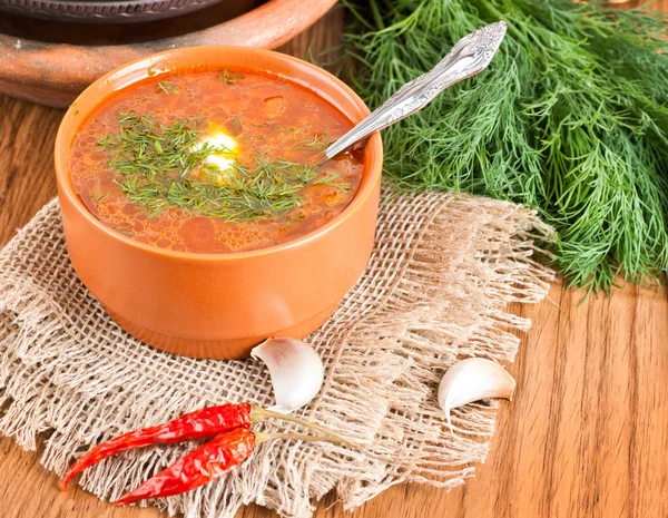 Borsch, sopa de remolacha y col con salsa de tomate . —  Fotos de Stock