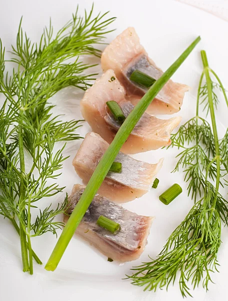 Hering mariniert mit Fenchel auf weißem Teller — Stockfoto