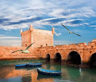 essaouira, Fas içinde bir okyanus sahillerinde mavi balıkçı tekneleri