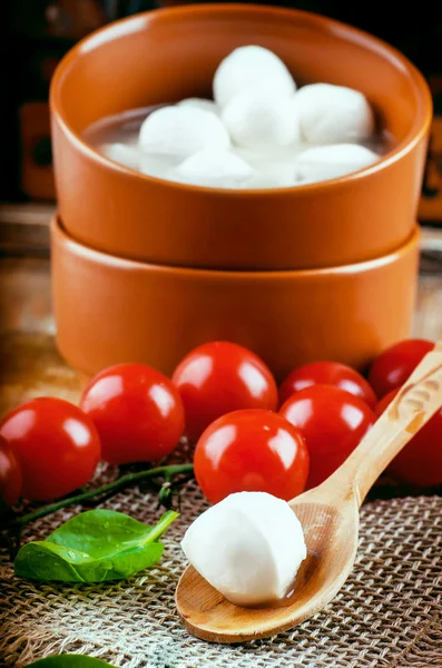 Mozzarella, tomater och bröd — Stockfoto