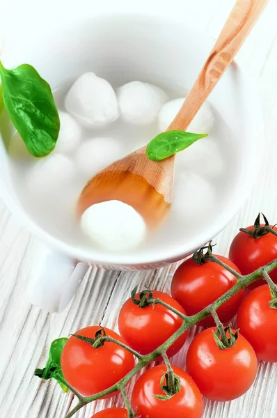 Mozzarella, tomates y pan — Foto de Stock