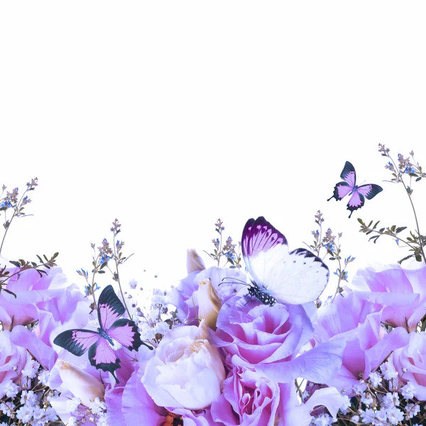 Bukett med blå rosor och fjäril — Stockfoto