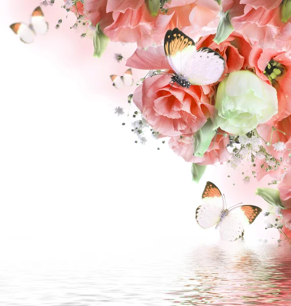 Bouquet di rose rosa e farfalla — Foto Stock