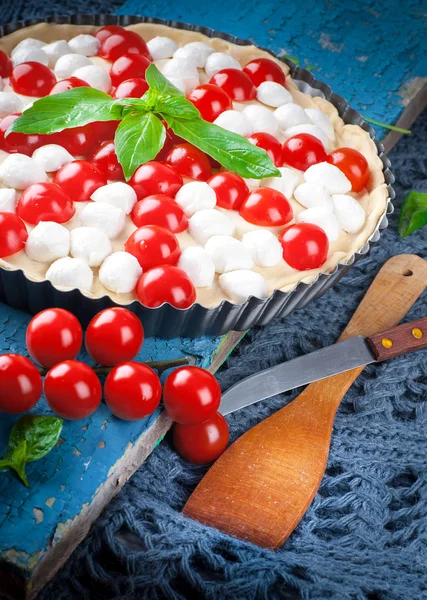 Paj med mozzarella, kyckling och tomater. — Stockfoto