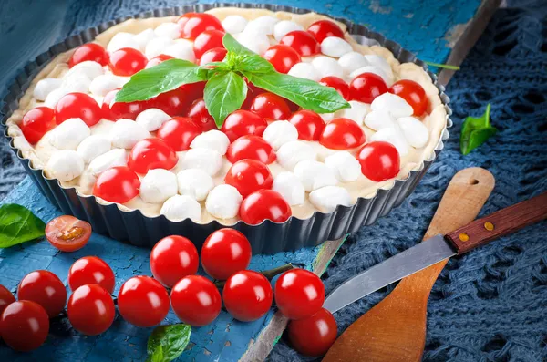 Pasta Mozzarella peyniri, tavuk ve domates ile. — Stok fotoğraf