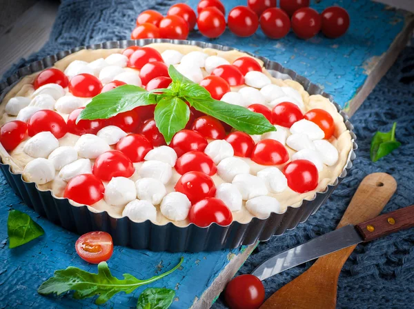 Taart met mozzarella, kip en tomaten. — Stockfoto