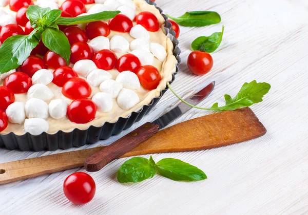 Kuchen mit Mozzarella, Huhn und Tomaten — Stockfoto