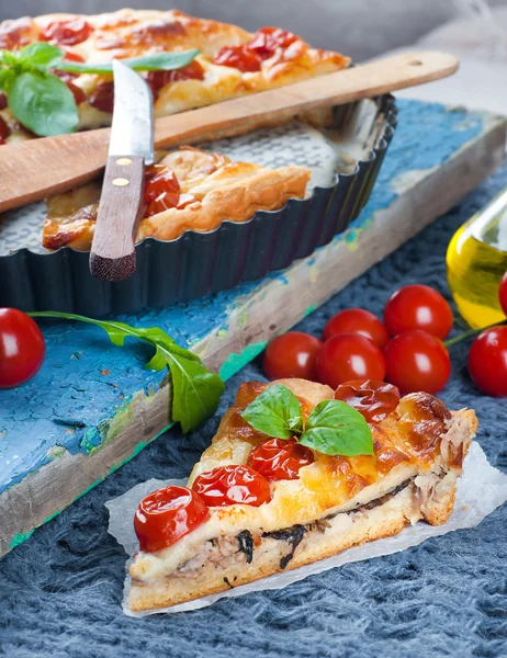 Kuchen mit Mozzarella, Huhn und Tomaten — Stockfoto