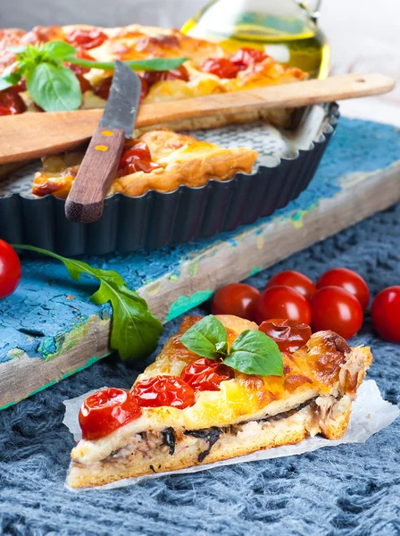 Torta com mussarela, frango e tomate — Fotografia de Stock