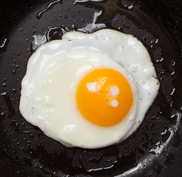 Close up view of the fried eggs on on a pan