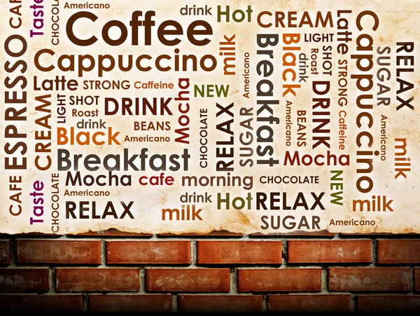 Soorten koffie op bakstenen muur achtergrond — Stockfoto