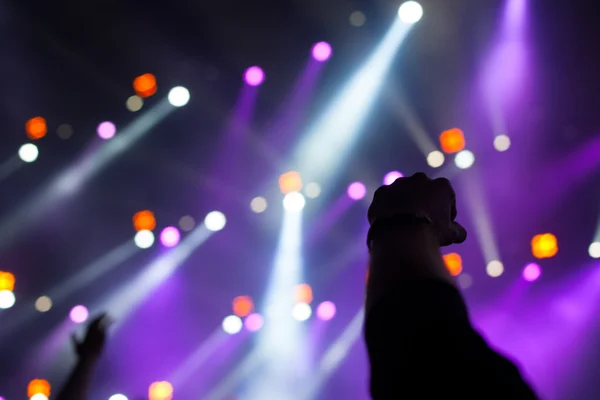 Animando a la multitud frente a las luces del escenario brillantes —  Fotos de Stock