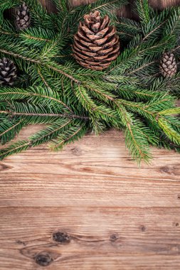 diken üstünde tahta arka plan ile Noel ağacı dalları