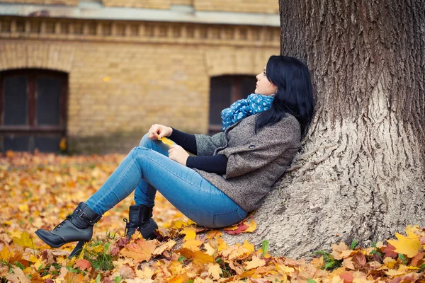 Young pretty woman in autumn park — Stock Photo, Image