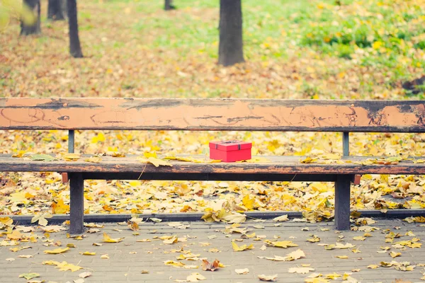在秋天的公园长凳上蝴蝶结的红色礼品盒 — 图库照片