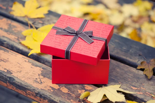 Red gift box with bow on bench in autumn park — Stock Photo, Image