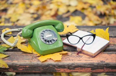 Yeşil antika telefon, kitap ve gözlük sonbahar parktaki bankta