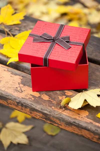 Red gift box with bow on bench in autumn park — Stock Photo, Image