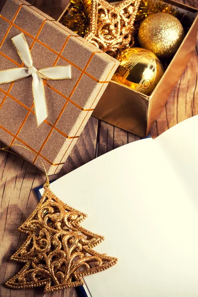 Open book with christmas decoration — Stock Photo, Image