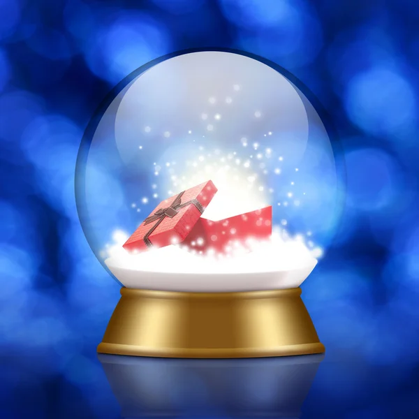 Schneekugel mit Geschenkbox innen auf Bokeh-Hintergrund — Stockfoto