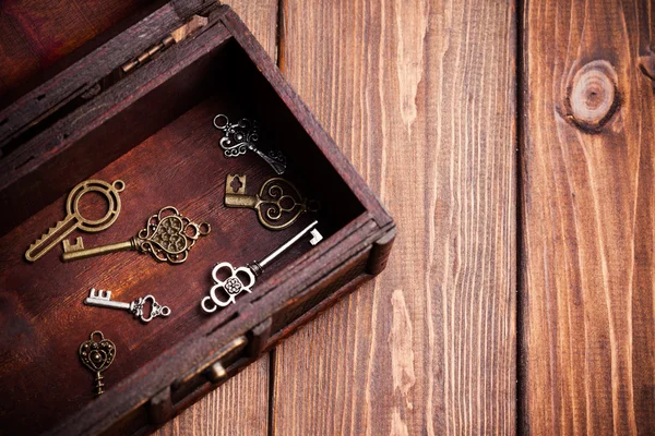 Vintage keys inside old treasure chest — Stock Photo, Image