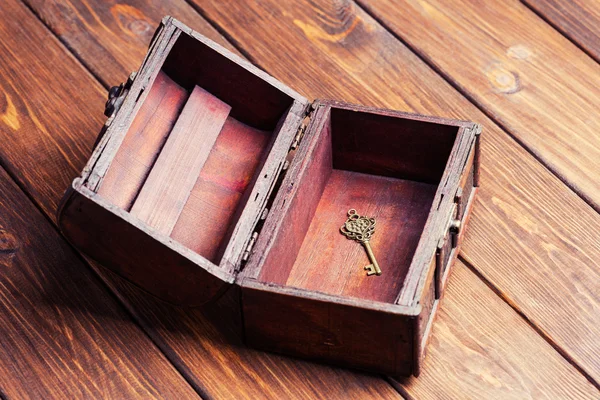 Vintage key inside old treasure chest — Stock Photo, Image