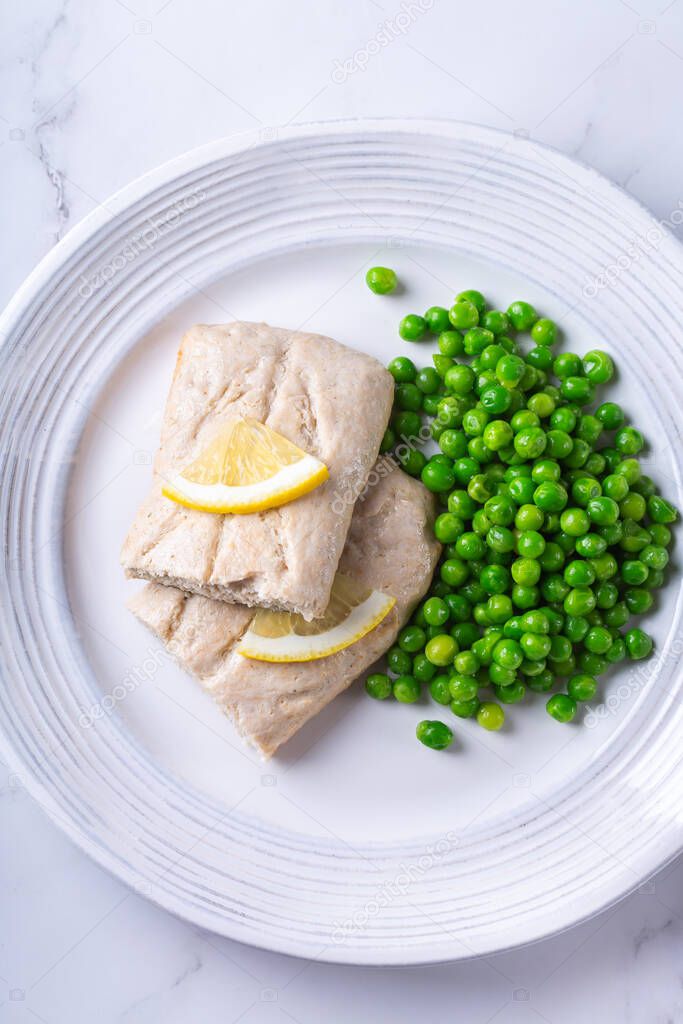 Vegan Plant based fish, fishless fillets with green peas