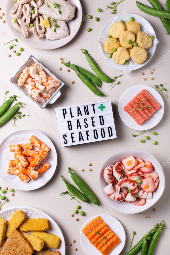 Vegan Plant based fish and seafood, food reducing carbon footprint