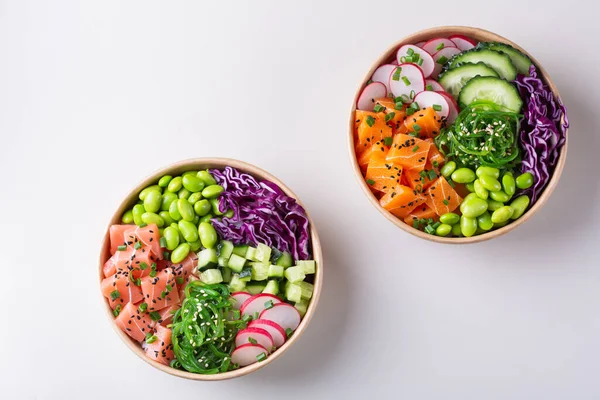 Vegan Poke bowl with Plant based seafood, salmon, tuna