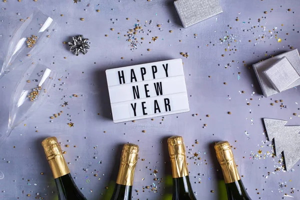 New Year Pattern Champagne Glasses Bottles Sparkles Confetti View Silver — Stockfoto