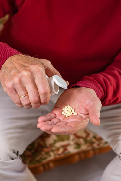 Senior Retired Man Taking Medicine Pills Closeup Hands — 图库照片